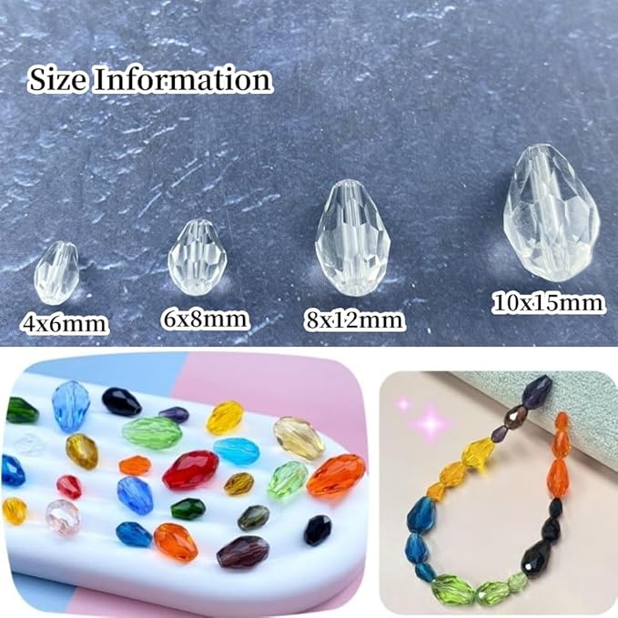 130pcs 6x8mm Teardrop Crystal Glass Beads Vertical Hole Faceted Glass Teardrop Spacer Beads for Bracelets Necklace Earring DIY Jewelry Making Craft(Transparent)