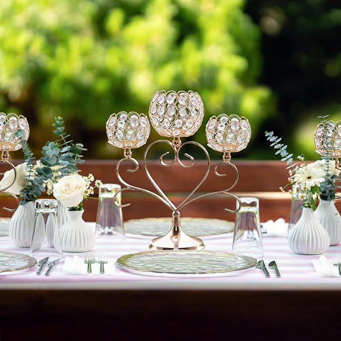 6 Pcs Gold 3-Arm Heart Tea Light Candle Holder - Crystal & Metal Wedding Centerpiece Decor, Sparkling Table Decor for Anniversaries/Romantic Tabletop Home/Dinner Party/Events