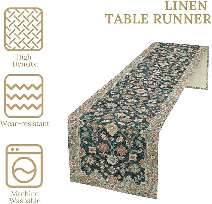Vintage Boho Floral Table Runner, Rustic Country Farmhouse Blue Teal Red Bohemia Flower Pattern for Home Kitchen Table Decor Dining Coffee Room Party Decor 13x36in