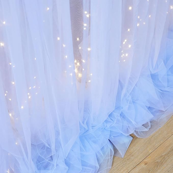 Baby Blue Backdrop Curtains with Lights String for Baby Shower Parties 2 Panels 5×10ft Sheer Tulle Backdrop Curtain Panels for Birthday Party Bridal Shower Photo Shoot Background Wall Decorations
