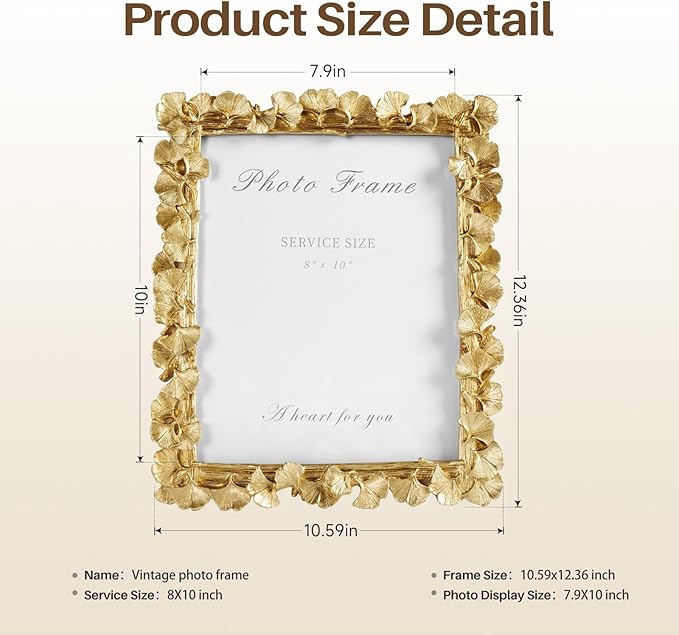Cuspin Gold 8x10 Picture Frame, Vintage Ornate Picture Frames Leaf Textured Hand-Crafted Resin with Glass Front, Antique Photo Frame for Tabletop Display, Retro Design Home Decor