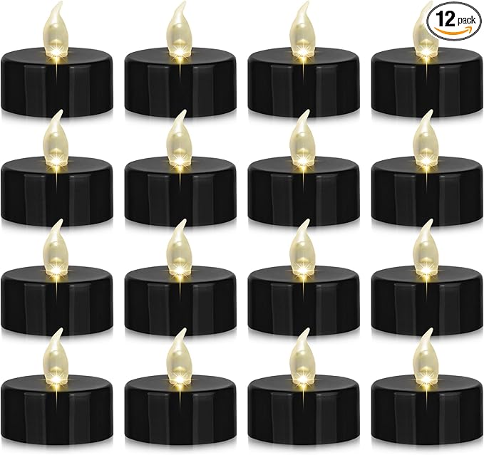 Nancia 12PACK Flameless LED Tea Lights Candles, Realistic and Bright Flickering Long Lasting 200Hours Battery-Powered, Ideal Party, Wedding, Birthday, Gifts Home Decoration Black