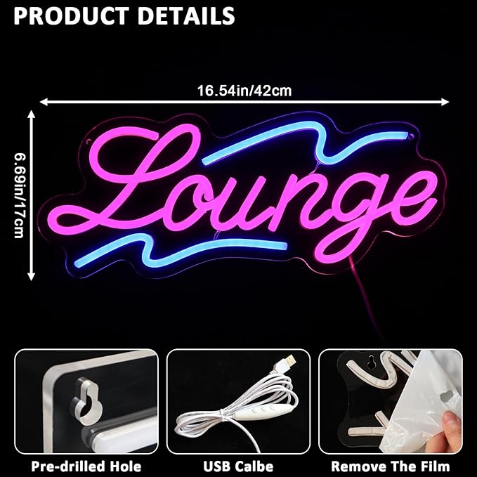 Lounge Neon Sign for Wall Decor, 16.54" x 6.69" Rest Led Signs for Room, USB Dimmable Neon Lights for Lounge Room Bar Hotel Cafe Nightclub VIP Room Man Cave Home Bedroom Decoration