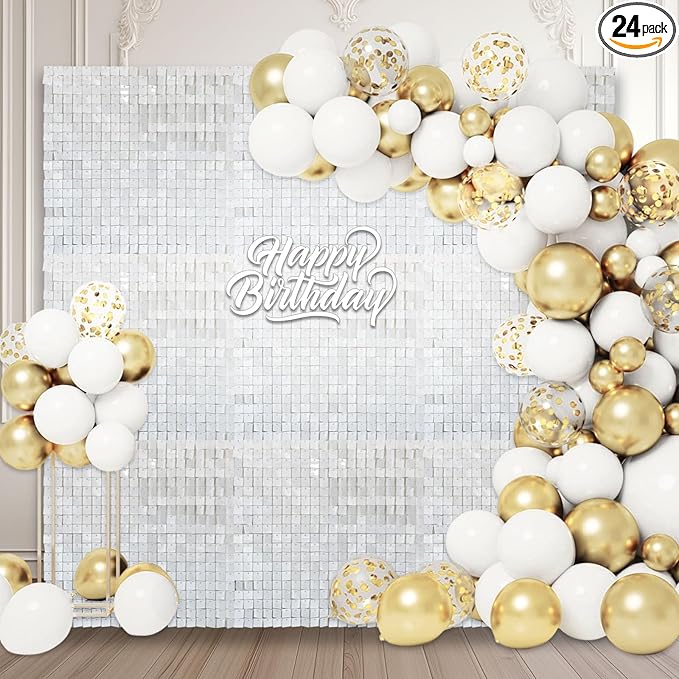 24PCS White Shimmer Wall Backdrop, Square Sequin Photo Backdrops Panel, Glitter Wall Background for Birthdays, Weddings, Christmas, Engagements, Disco Bachelorette Party Decoration (4FTx6FT)