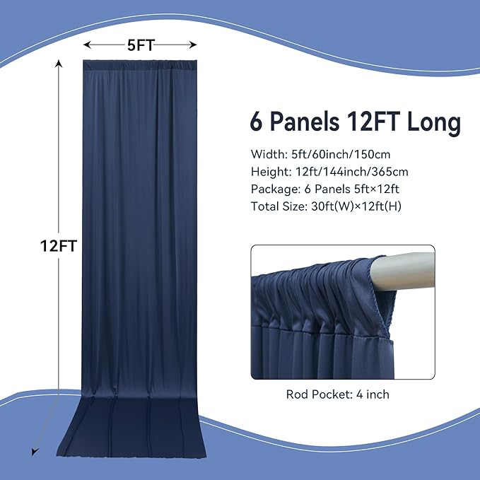 30×12ft Navy Blue Wrinkle Free Backdrop Curtain for Wedding Parties, 6 Panels 5×12ft Long Soft Silky Polyester Backdrop Drapes Photo Back Drop Curtains for Birthday Photography Background Cloth