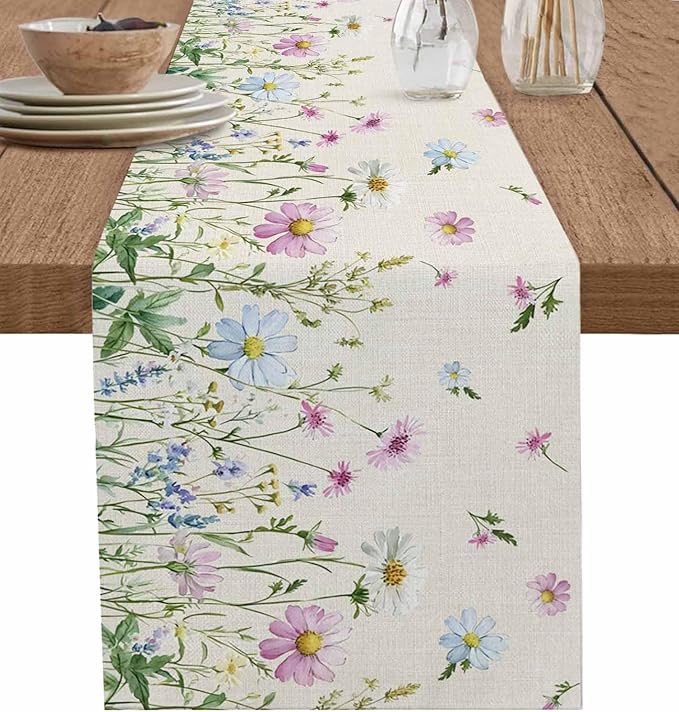 Vintage Wildflowers Cotton Linen Table Runner for Dining Kitchen, Wedding Outdoor Party Tablerunners Decoration, Farm Floral Pink Botanical Plants Dresser Scarf Coffee Tablecloth Runners 13x90 Inches