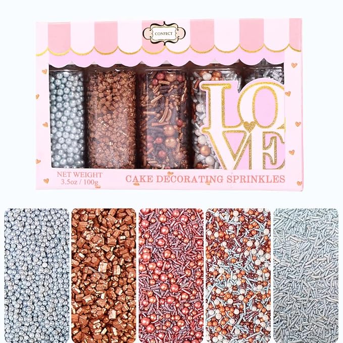 Confect-Rose Gold Edible Cake Sprinkles Mix – Pearl Dragees, Silver & Copper Jimmies, Bronze Sparkling Sugar – White, Rose Gold, Silver Glam Sprinkle Set for Cake Decorating, Baking & Cupcakes- Vegan, Gluten-Free, Nut-Free, Soy-Free, Dairy-Free, Palm O...