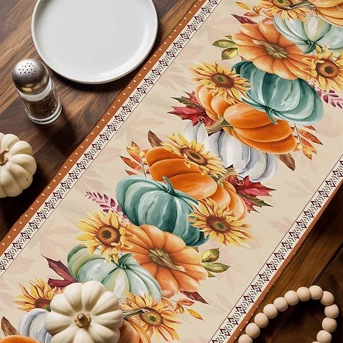 Fall Thanksgiving Southwest Cotton Linen Table Runner for Dining Kitchen, Orange Pumpkins Wedding Outdoor Party Rustic Tablerunners Decoration, Sunflower Dresser Scarf Tablecloth Runners 13x60 Inches