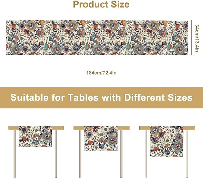 Boho Floral Table Runner,Vintage Flowers Tropical Plants Country Style Table Cloth Kitchen Dining Table Home Party Decoration 13x36 Inch