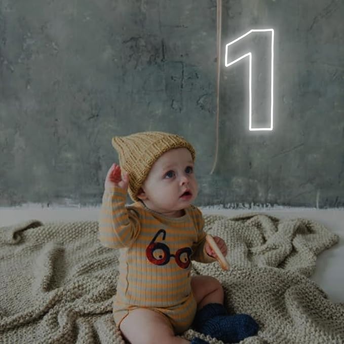 Number 1 Neon Sign for First Birthday, 16.54" Cool White USB Battery Powered One Neon Sign for Party Wedding Anniversary Decor Light Sign (Number 1)