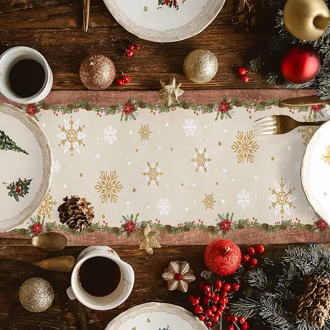Christmas Gnomes Cotton Linen Table Runner for Dining Kitchen, Xmas Pine Tree Snowflake Rustic Wedding Outdoor Party Tablerunners Decoration, Retro Wood Dresser Scarf Tablecloth Runners 13x120 Inches