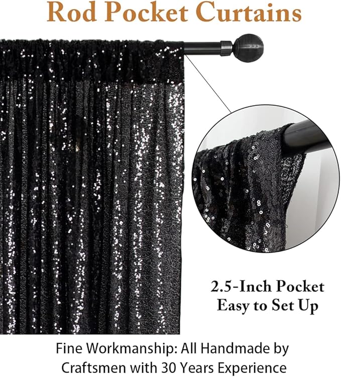 ShinyBeauty 2Pcs 5FTx10FT Black Sequin Backdrop Curtain | Glitter Wedding & Photography Background | Elegant Shimmer Curtains for Events & Parties