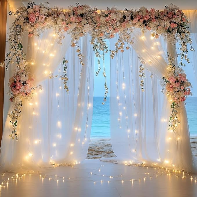 Tulle Backdrop Curtain with Lights String 10FT X 10FT White Sheer Tulle Backdrop Curtains for Wedding Birthday Party Reception Photo Booth Background Decorations (2 Panels 5x10FT)