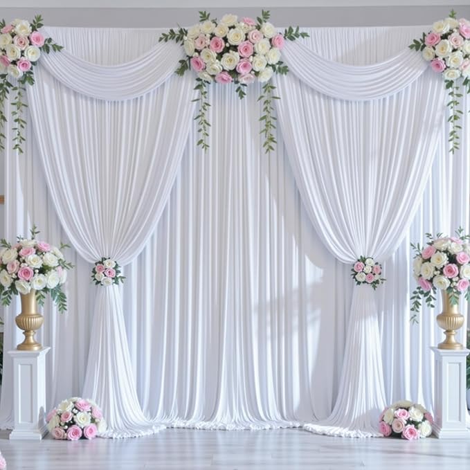 10x10ft Wrinkle Free White Backdrop Curtains for Party Background, 2 Panels 5x10ft Silky Polyester Photo Backdrop Drapes Back Drop Cloth for Wedding Birthday Photography Baby Shower Decor