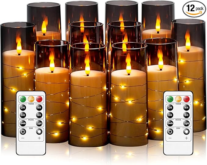 Flameless Candles with Embedded Star String - Battery Operated LED Candles, with Remote,12 Grey Flickering Candles for Christmas, Weddings, Home Decor & Party,(D 2.3"×H 5" 6" 7")