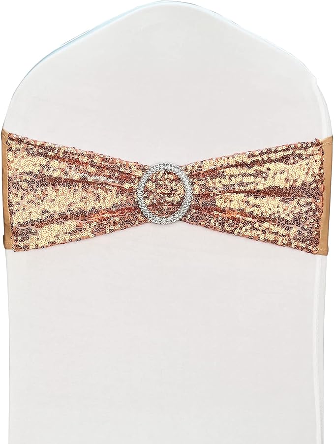 Chair Sashes Sequin Stretch Chair Bands Spandex Polyester Bows for Party Hotel Wedding Banquets Decoration - 6 Pcs Rose Gold