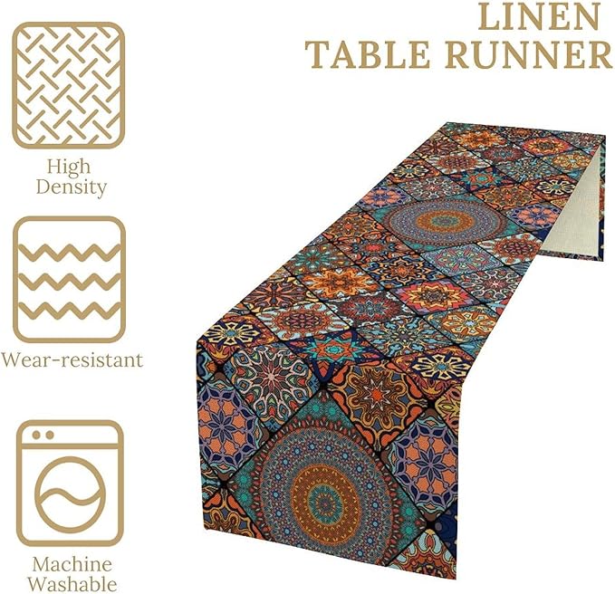 Bohemian Table Runner, Colorful Vintage Indian Mandala Floral Table Runners for Kitchen Dining Coffee Table Indoor Outdoor Party Decor, 13x90inch