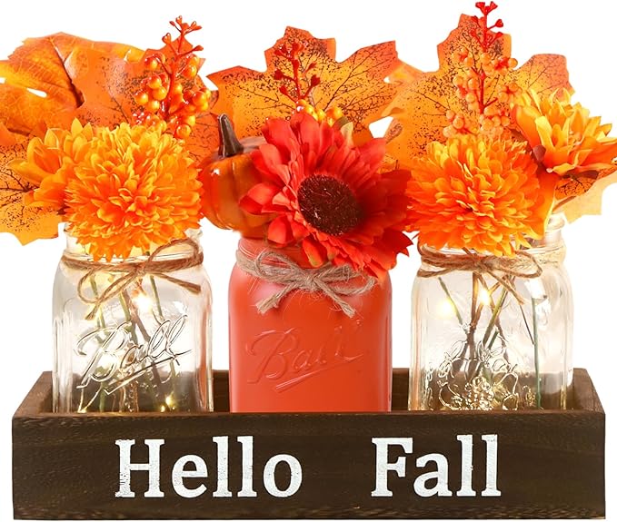 DIYDEC 3PCS Fall Mason Jars 3 * 5Inch Lighting Painted Thanksgiving Tiered Tray Decorative Jars with Wood Tray &Artificial Flowers Wishing Bottles for Autumn Holiday Home Table Centerpiece Decor Gift