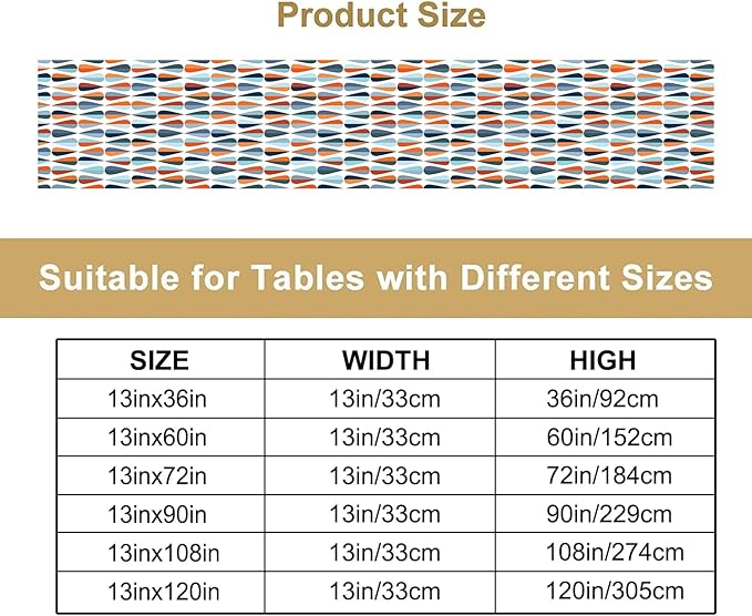 Mid Century Table Runner, Modern Style Retro Pattern Droplet Shapes Mosaic Tones Pattern Print for Home Kitchen Table Decor Dining Coffee Room Party Decor 13x36in