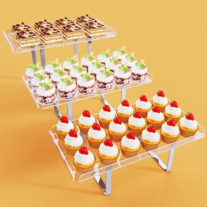 3 Pieces Cupcake Stand Holder, Clear Acrylic Dessert Table Display Set with Iron Support Legs for Birthday Candy Bar Décor Weddings, Parties Events