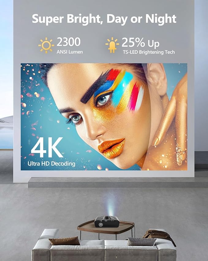 4K Projector Auto Focus HDR WiFi 6, Smart Daylight Projector 4K High Lumen 2300 ANSI LED 1080P Ultra HD Ceiling Home Theater Karaoke Movie Gaming Indoor Outdoor with Bluetooth HDMI USB Ethernet Apps