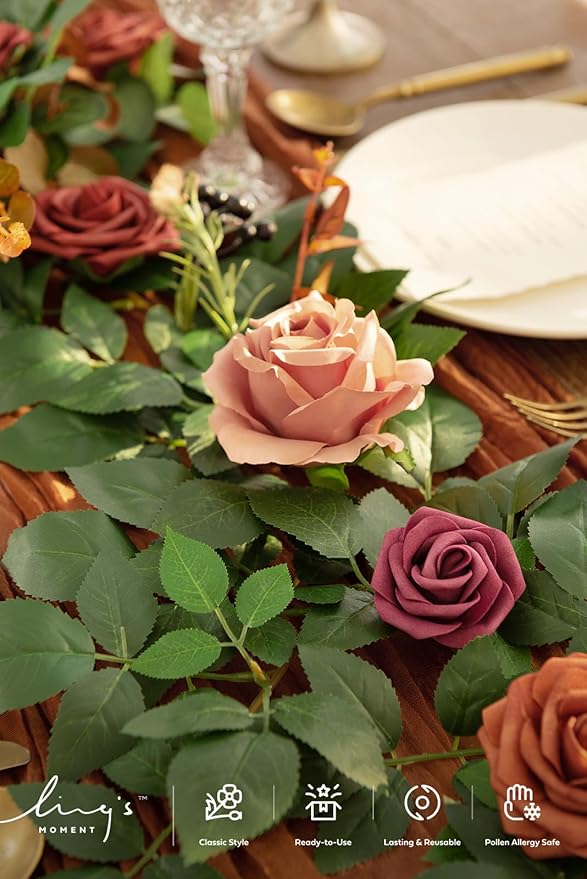 Ling's moment 5FT Terracotta Artificial Flower Garland Rose Eucalyptus Leaves Fall Floral Garland Burnt Orange Arch Flowers Vine for Wedding Party Backdrop Decor Mantel Table Centerpieces Decorations