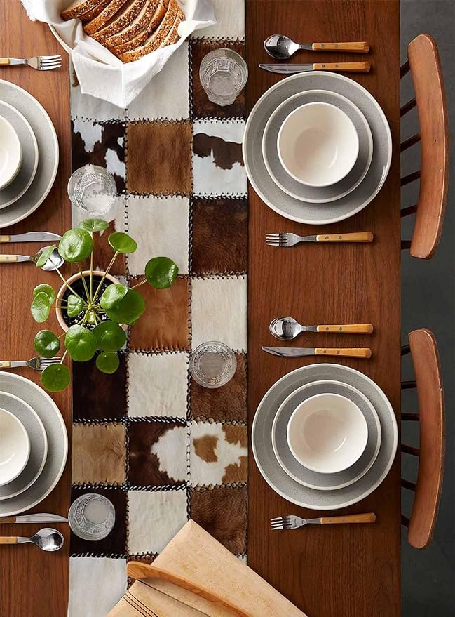 Abstract Cowhides Cotton Linen Table Runner for Dining Kitchen, Wedding Outdoor Party Tablerunners Decoration, Brown Beige Animal Fur Texture Dresser Scarf Coffee Tablecloth Runners 13x90 Inches