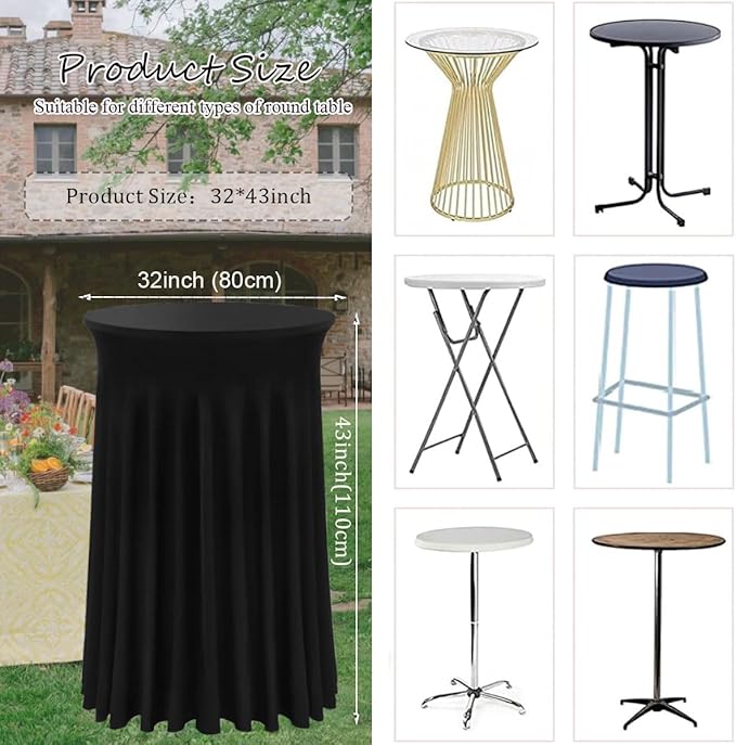 Albassa 4 Pack Cocktail Table Covers 32"x 43" Spandex Stretch Round Cocktail Tablecloths with Wavy Drapes Fitted High Top Bar Table Skirt for Wedding Party Banquet (Black, 4 PCS)