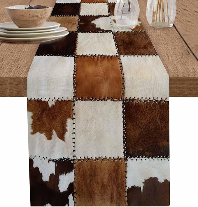 Abstract Cowhides Cotton Linen Table Runner for Dining Kitchen, Wedding Outdoor Party Tablerunners Decoration, Brown Beige Animal Fur Texture Dresser Scarf Coffee Tablecloth Runners 13x90 Inches