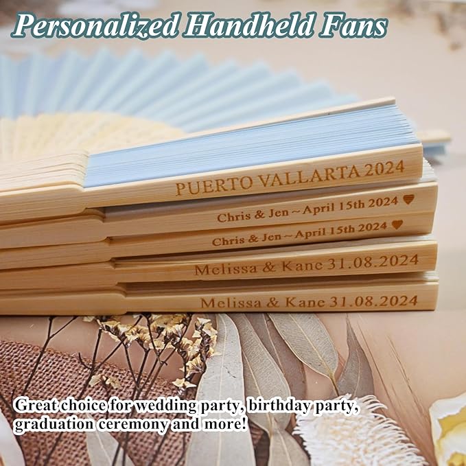 Personalized Engraved Silk Fans Folding Hand Fans 15 Pcs, Light Blue Summer Wedding Fans, Custom Imitated Silk-Bamboo Fans for Guests Wedding Party Favor Bridal Shower Gifts Party Decoration