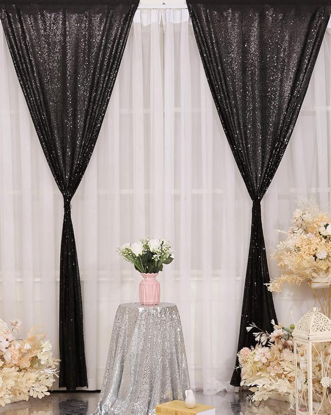 Poise3EHome Black Sequin Backdrop Curtains, 2 Panels 2FTx8FT Glitter Photo Booth Backdrop for Halloween Birthday Bachelorette Wednesday Twilight Party Decorations