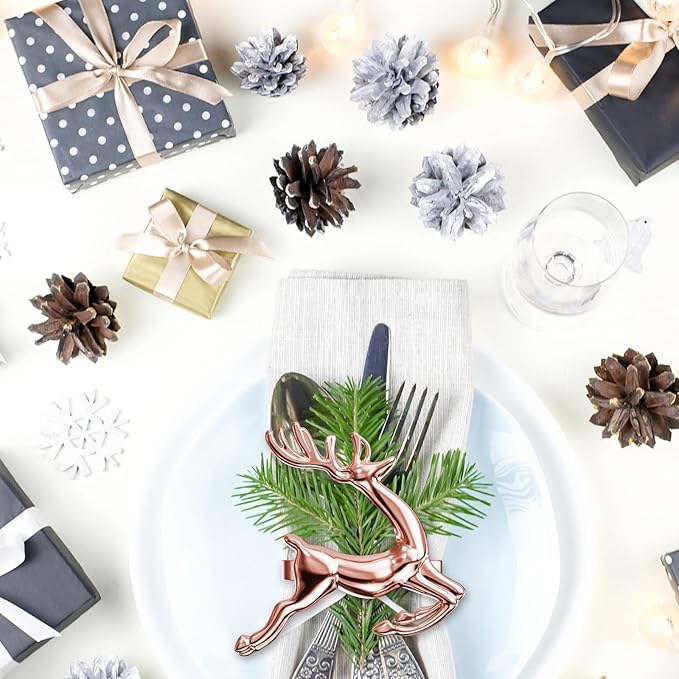 ZeeDix Set of 12 Rose Gold Elk Chic Napkin Rings for Christmas Dinning Table Setting-Wedding Receptions, Christmas, Thanksgiving and Home Kitchen for Casual or Formal