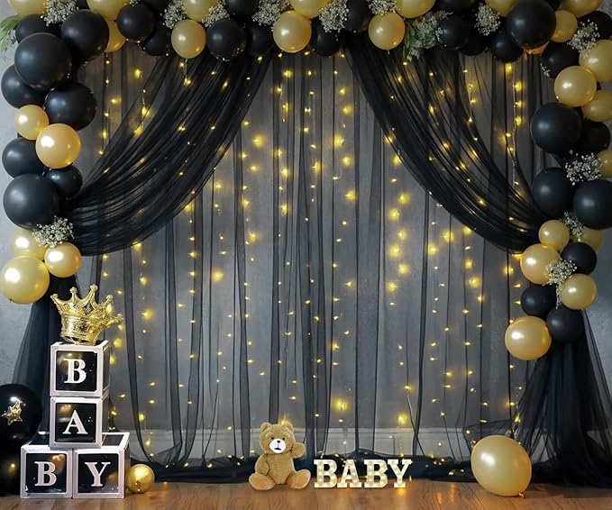 Black Tulle Backdrop Curtain with Lights String for Parites 20ft×10ft Black Sheer Backdrop Curtains for Baby Shower Wedding Bridal Shower Birthday Party Photo Shoot Decorations(4 Panels 5×10ft)