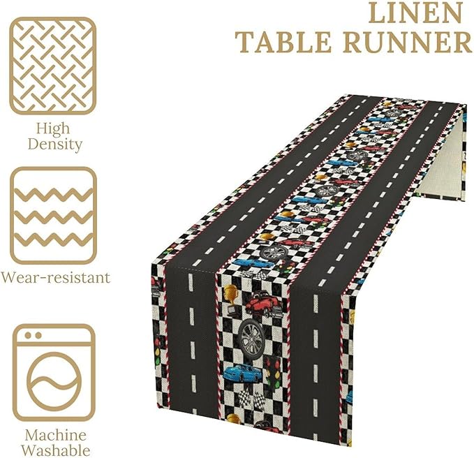 Race Car Table Runner,Checkered Flag Black and White Race Cars Pattern Print Tablecloth Burlap for Hotel Indoors Outdoor Dining Room Kitchen Home Decor,W13X L60 in