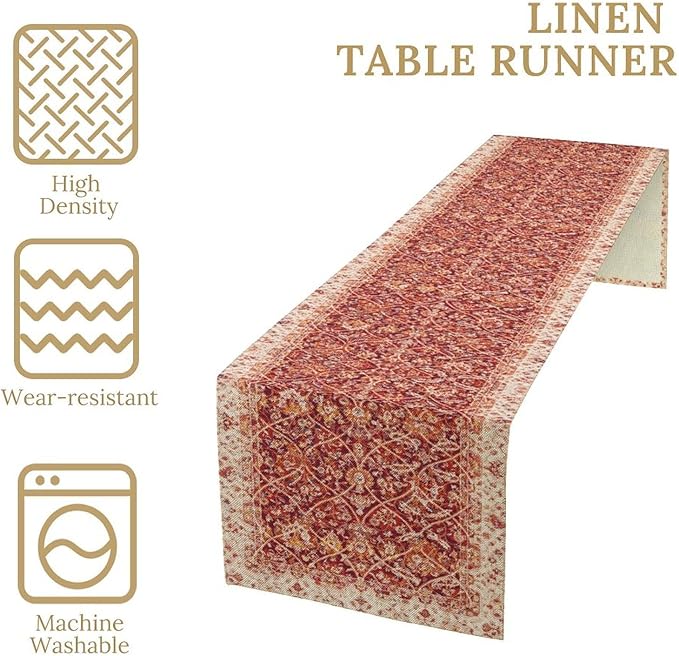 Boho Floral Vintage Table Runner, Retro Red Flower Rustic Country Farmhouse Abstract Pattern for Home Kitchen Table Decor Dining Coffee Room Party Decor 13x60in