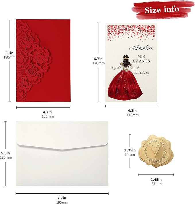 DORIS HOME 50pcs Laser Cut Quinceanera Invitations Red, 4.7x7.1 Personalized Quince Invitations for 15th Birthday, Invitation cards for Sweet 16 with Envelopes