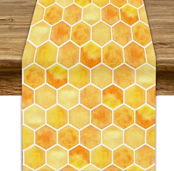 Honeycomb Bee Table Runner, Cute Abstract Geometric Yellow Honeycombs Print Table Cover for Kitchen Dining Table Indoor Outdoor Party Decor, 13x70inch