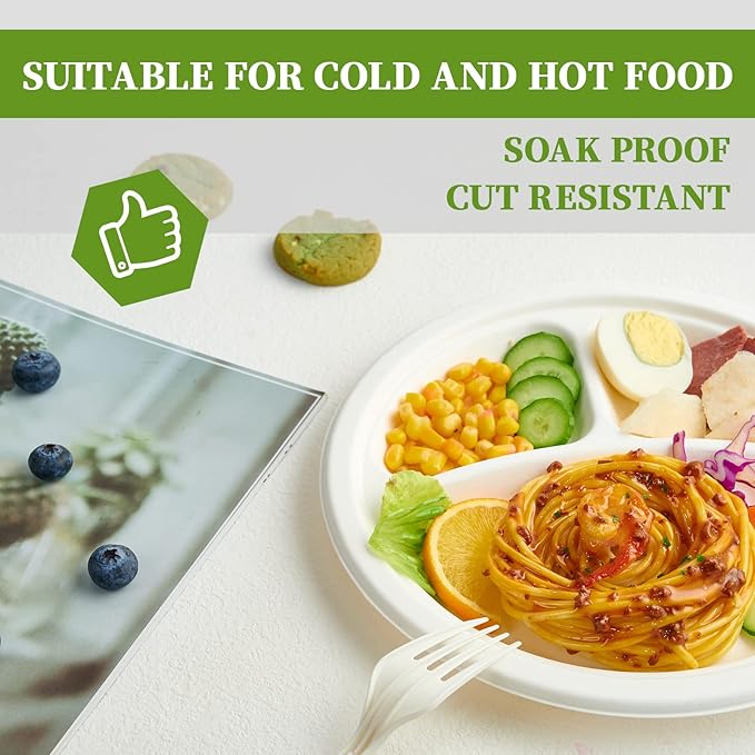 ECOLipak 150 Pack Compostable 3 Compartment Plates, 10 inch Heavy-Duty Disposable Biodegradable Sugarcane Bagasse Paper Plates for Party Dinner
