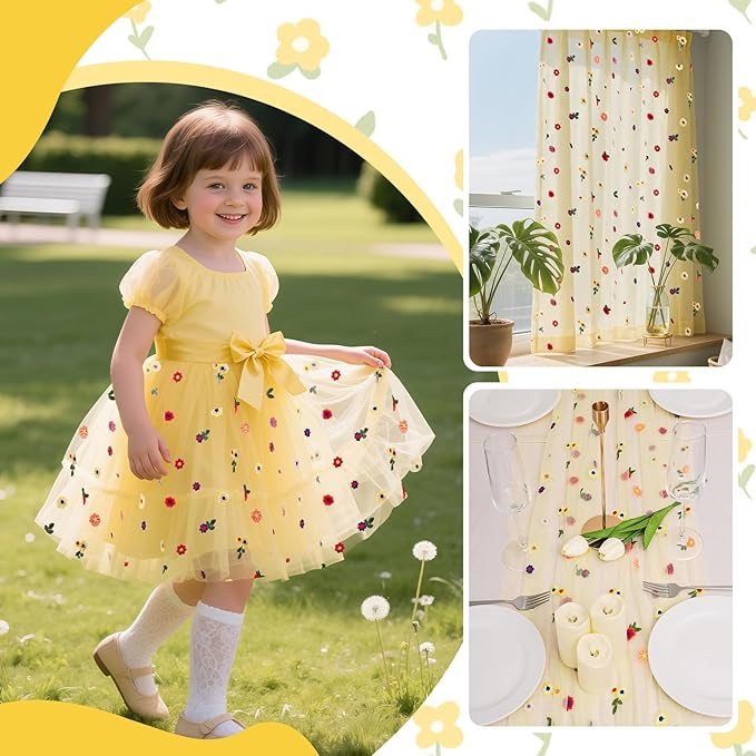 BINBE 1pcs Daisy Fall Table Runner Embroidery Gauze 10FT Florals Seasonal Tulle Holiday Birthday Kitchen Dining Table Decor for Home Party Yellow