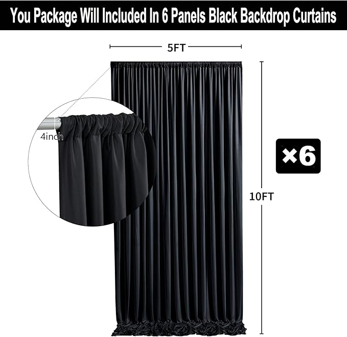 30ft x 10ft Thick Champagne Backdrop Curtains for Parties, 6 Panels 5ft x 10ft Non See Through Black Polyester Wedding Drapes Photo Backdrop for Birthday Party Graudation Photography Home Decor