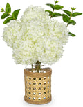 Hollyone White Hydrangea Artificial Flowers in Woven Glass Vase with Faux Water Silk Hydrangeas Fake Flowers Floral Arrangement for Home Indoor Bathroom Kitchen Office Table Centerpiece Shelf Decor