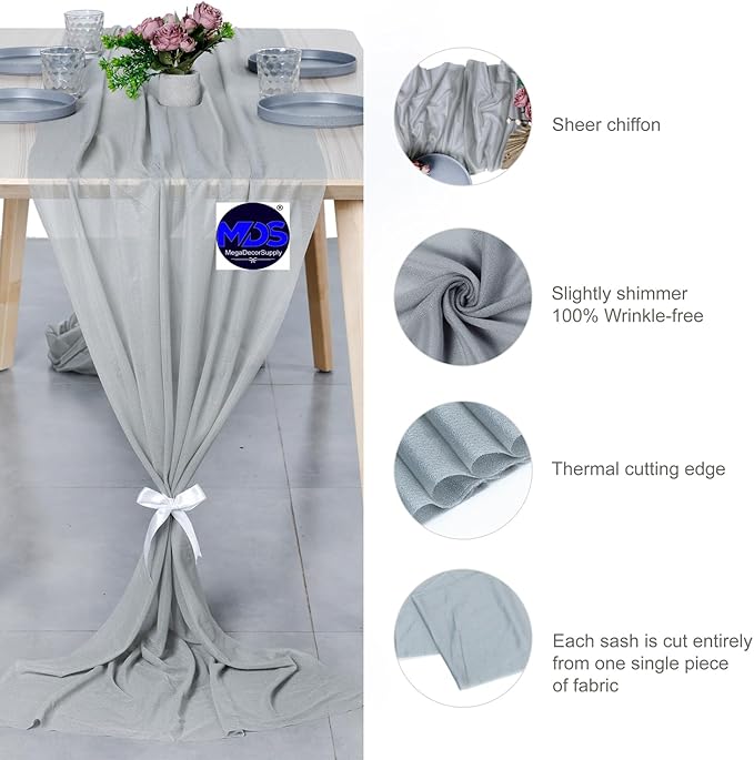 MDS Halloween Chiffon Table Runner - 15 Pack, 29 x 120 Inches, 10ft Each - Sheer Spooky Table Runners for Haunted House Parties, Trick-or-Treat Tables, Witchy Décor, Wedding & Events - Gray