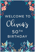 Andaz Press Personalized Extra Large Birthday Easel Board Party Sign, 12x18-inch, Vintage Bohemian Flowers on Navy Blue, Welcome to Olivia's 50th Birthday, 1-Pack, Custom Name Age