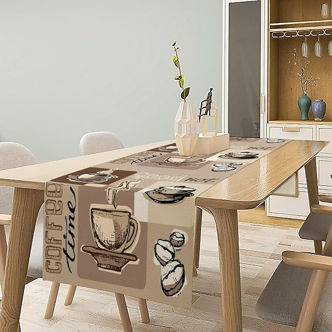 Coffee Table Runner,Vintage Style Coffee Cup Bean Abstract Theme Pattern Print Tablecloth Burlap for Hotel Indoors Outdoor Dining Room Kitchen Table Decor, 13x80in