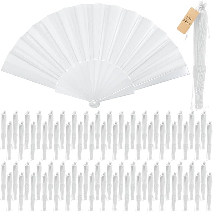 Wenqik 120 Pcs Wedding Folding Hand Fans Bulk Silk Fabric Chinese Handheld Foldable Clack Fans with Plastic Ribs for Party, Wedding Gifts, Line Dancing, Home Decorative (White)