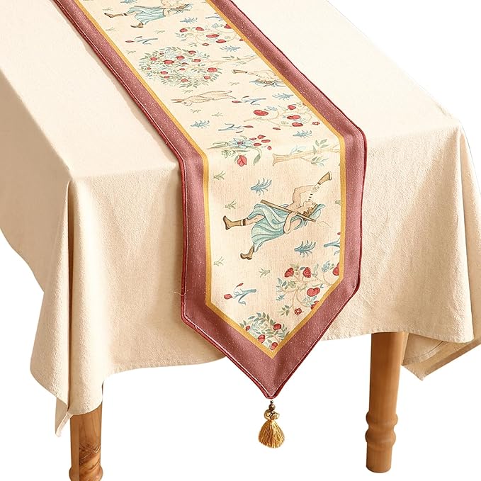 patdrea Designer Idyll Linen Extra Long Table Runner,Vintage Beige Farmhouse with Ancient Figure Fruit Trees Pattern Table Mat, Decoration for Kitchen Dining Paties Banquet Christmas ,16"*118"
