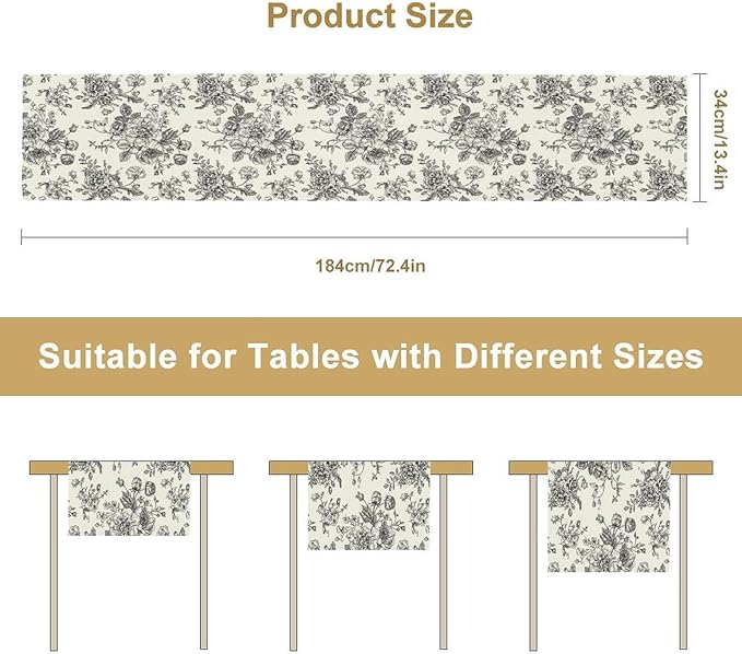 Vintage Flower Table Runner, Black White Wildfloral Floral Sketch Print Kitchen Dinning Table Runner for Indoor Outdoor Home Wedding Party Holiday, 13x70 Inch