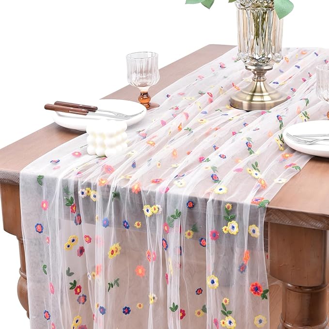 Joanlody 3pcs Ivory Embroidery Daisy Fall Thanksgiving Table Runner 10ft Florals Seasonal Tulle Table Runner Holiday Kitchen Dining Table Decoration for Home Party Indoor