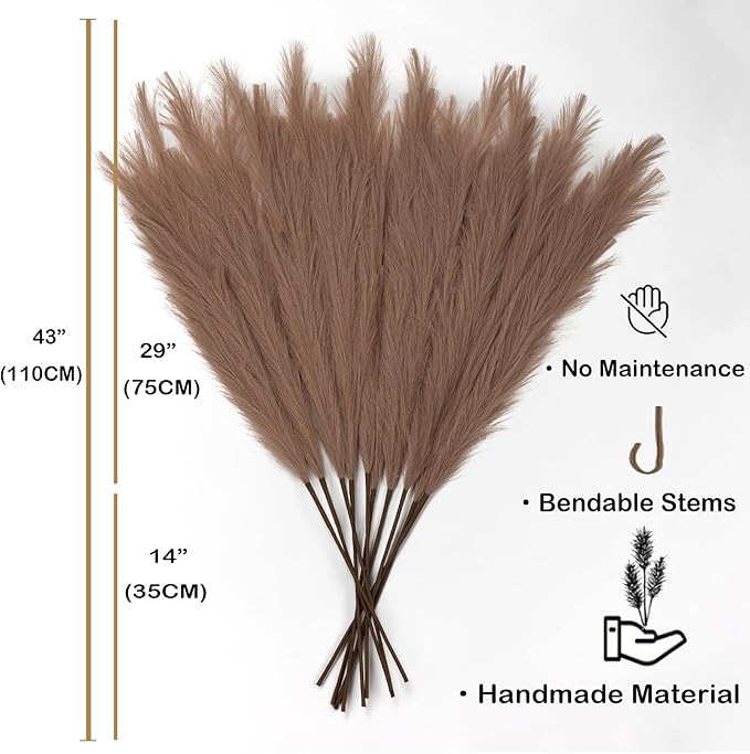 EVODIS Pampas Grass Decor Tall, 43"/110cm Faux Pampas Grass 6 Stems Large Pompass Grass Branches Tall Bulk Boho Flower Arrangement for Home Room Wedding Party Decor (Taupe)