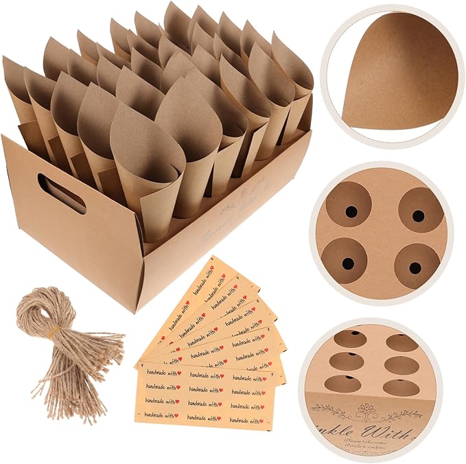 CIMAXIC 30-hole Kraft Paper Cones Box Set Wedding Party Favor Box Confetti Cone Holders for Decorative Party Favors